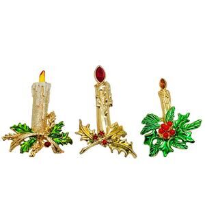 Candlestick Christmas Brooch Set Holiday Pins Enamel Rhinestone Gerrys BJ Lancer